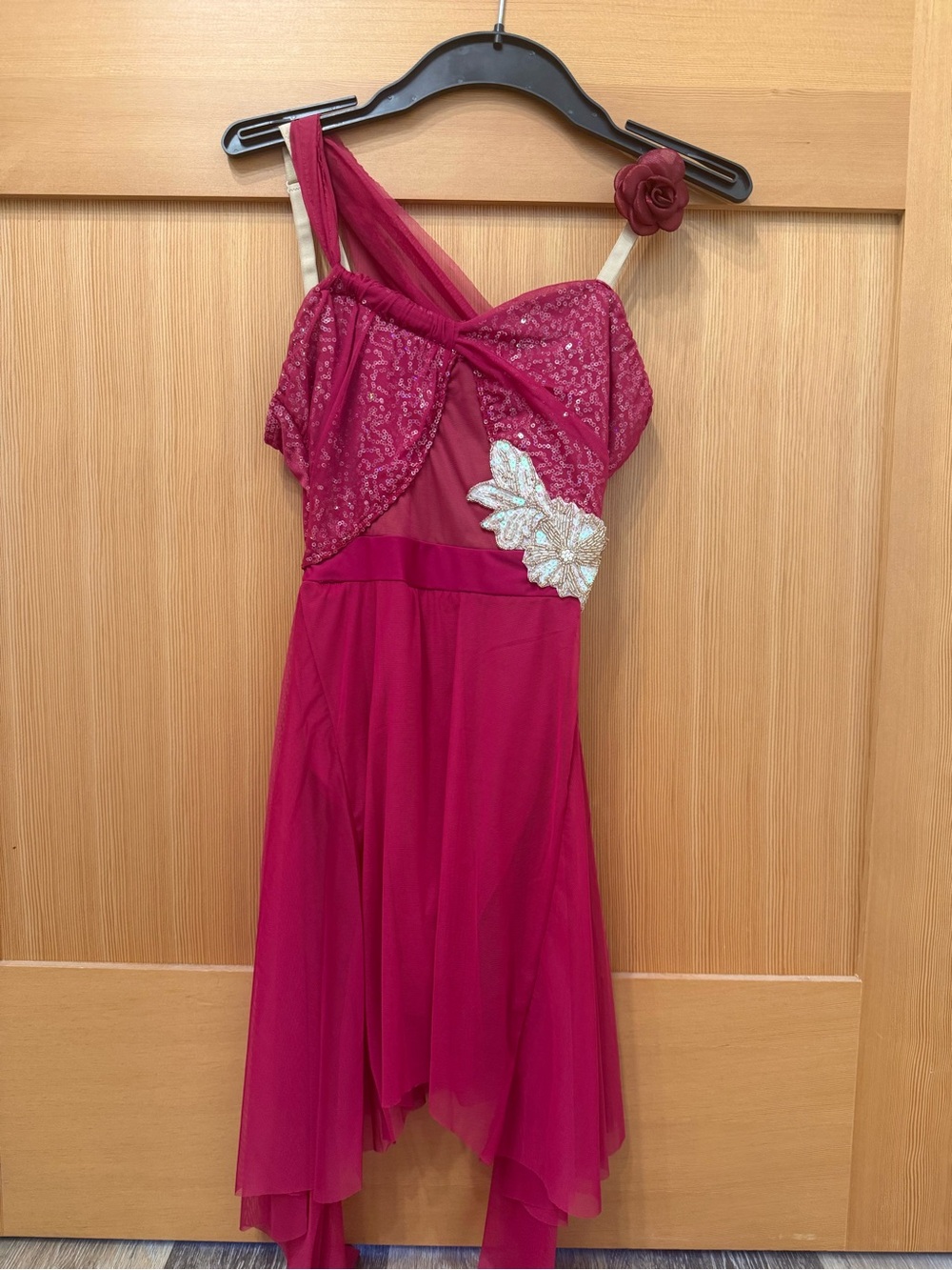 Burgandy One-Shoulder Sequin Applique lyrical dance costume